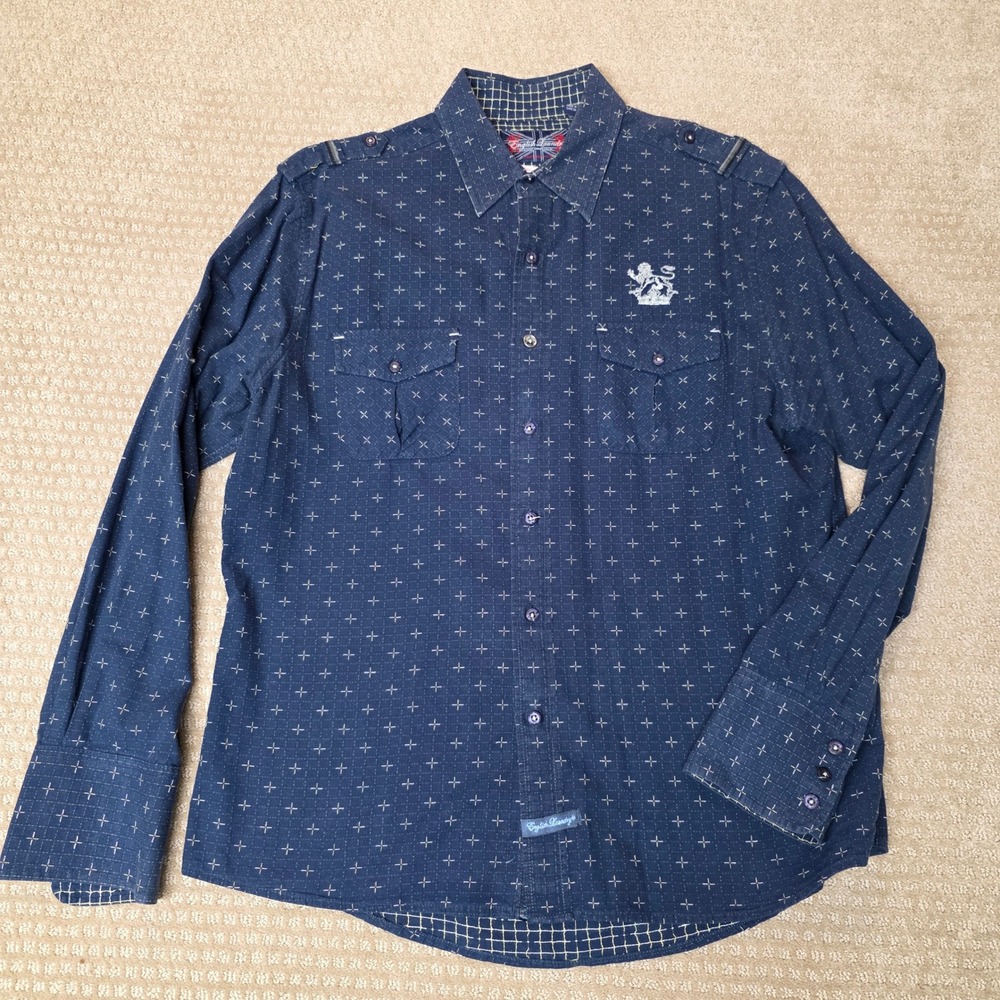 English Laundry XL Peoples Army Hand Sewn Button Up Shirt Navy Blue